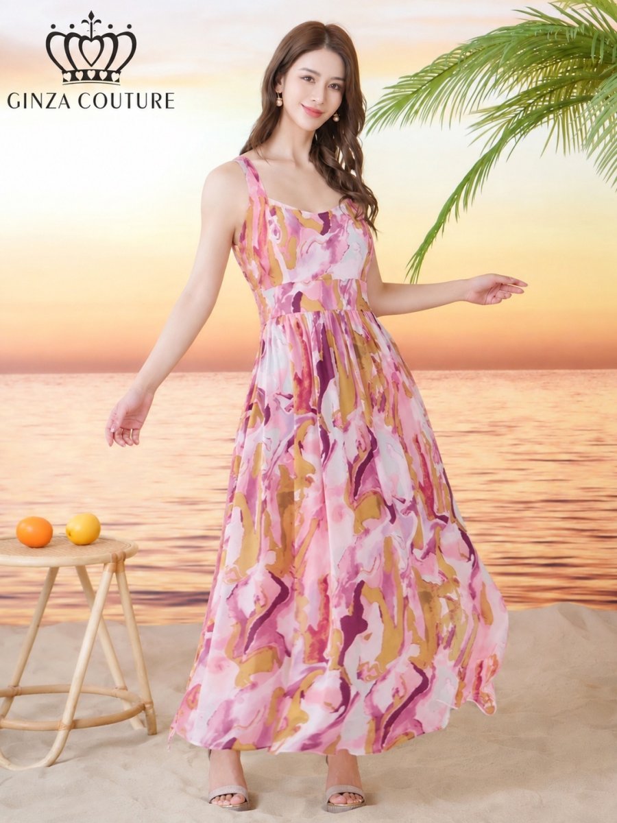 画像2: [ XS-Lサイズ / 1カラー][ERUKEI/GINZA COUTURE]ペイント柄・スクエアネック・ノースリーブ・Aライン・フレア・マキシ丈・ミディアムドレス・ワンピース[送料無料] (2)