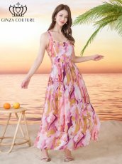 画像2: [ XS-Lサイズ / 1カラー][ERUKEI/GINZA COUTURE]ペイント柄・スクエアネック・ノースリーブ・Aライン・フレア・マキシ丈・ミディアムドレス・ワンピース[送料無料] (2)