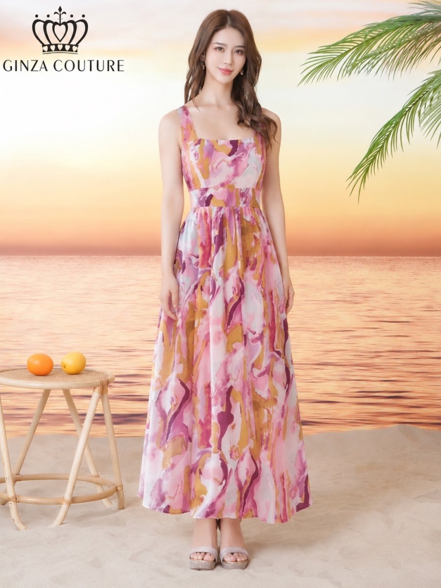 画像5: [ XS-Lサイズ / 1カラー][ERUKEI/GINZA COUTURE]ペイント柄・スクエアネック・ノースリーブ・Aライン・フレア・マキシ丈・ミディアムドレス・ワンピース[送料無料] (5)