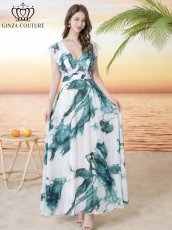 画像1: [ XS-Lサイズ / 1カラー][ERUKEI/GINZA COUTURE]ペイント柄・プリント・シフォン・ノースリーブ・Vネック・切替・フリル・Aライン・ロングドレス[送料無料] (1)