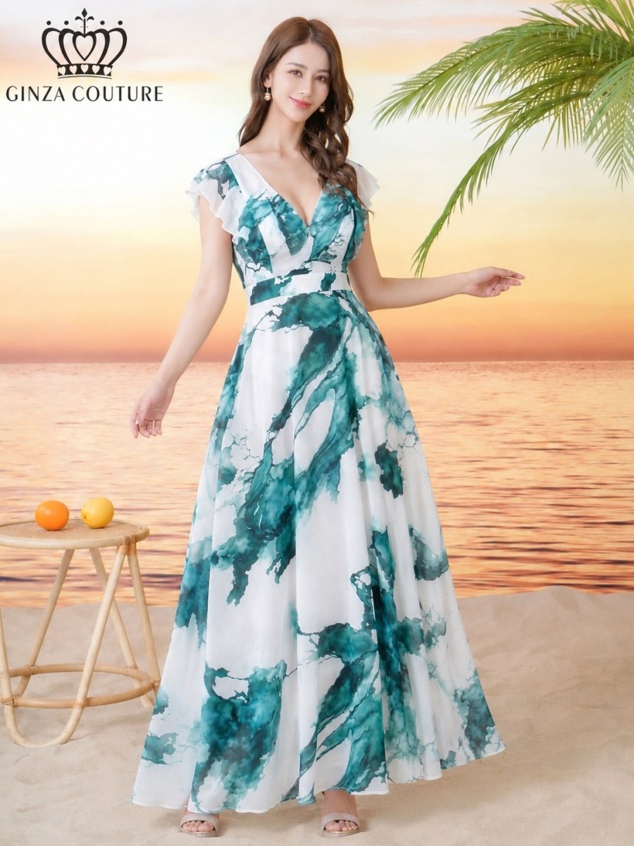 画像2: [ XS-Lサイズ / 1カラー][ERUKEI/GINZA COUTURE]ペイント柄・プリント・シフォン・ノースリーブ・Vネック・切替・フリル・Aライン・ロングドレス[送料無料] (2)