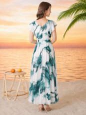画像3: [ XS-Lサイズ / 1カラー][ERUKEI/GINZA COUTURE]ペイント柄・プリント・シフォン・ノースリーブ・Vネック・切替・フリル・Aライン・ロングドレス[送料無料] (3)