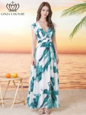 画像5: [ XS-Lサイズ / 1カラー][ERUKEI/GINZA COUTURE]ペイント柄・プリント・シフォン・ノースリーブ・Vネック・切替・フリル・Aライン・ロングドレス[送料無料] (5)