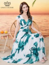画像6: [ XS-Lサイズ / 1カラー][ERUKEI/GINZA COUTURE]ペイント柄・プリント・シフォン・ノースリーブ・Vネック・切替・フリル・Aライン・ロングドレス[送料無料] (6)