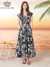 画像1: [ XS-Lサイズ / 1カラー][ERUKEI/GINZA COUTURE]プリント・ノースリーブ・Vネック・ベルト・フレア・Aライン・ミディアムドレス・ワンピース[送料無料] (1)
