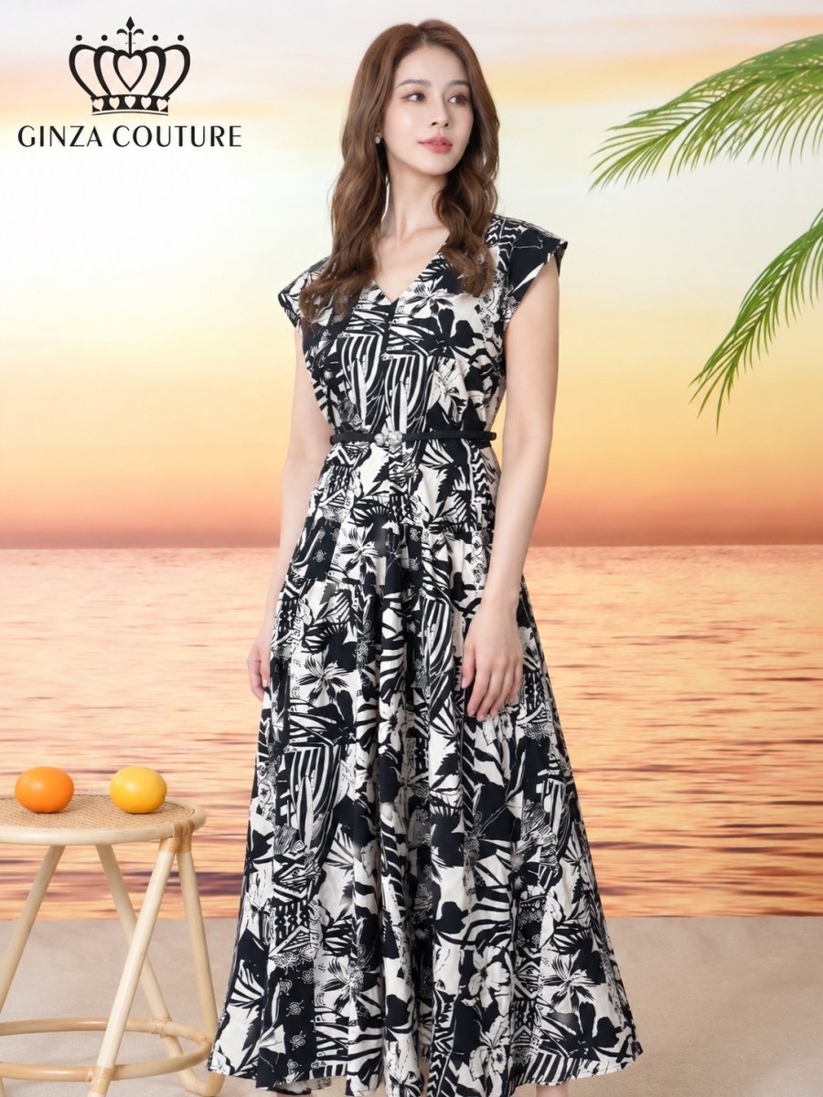 画像2: [ XS-Lサイズ / 1カラー][ERUKEI/GINZA COUTURE]プリント・ノースリーブ・Vネック・ベルト・フレア・Aライン・ミディアムドレス・ワンピース[送料無料] (2)