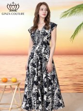画像2: [ XS-Lサイズ / 1カラー][ERUKEI/GINZA COUTURE]プリント・ノースリーブ・Vネック・ベルト・フレア・Aライン・ミディアムドレス・ワンピース[送料無料] (2)