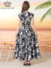 画像3: [ XS-Lサイズ / 1カラー][ERUKEI/GINZA COUTURE]プリント・ノースリーブ・Vネック・ベルト・フレア・Aライン・ミディアムドレス・ワンピース[送料無料] (3)