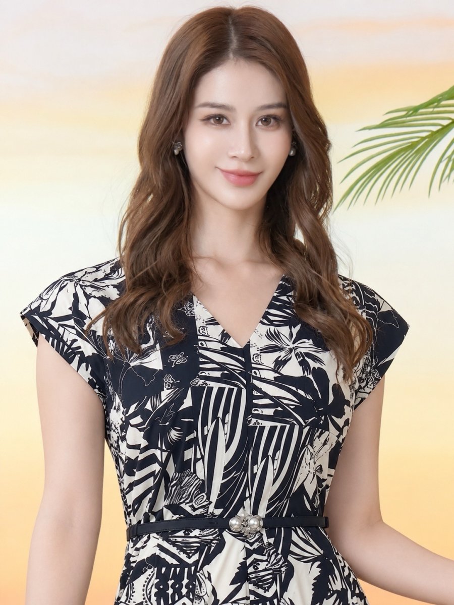 画像4: [ XS-Lサイズ / 1カラー][ERUKEI/GINZA COUTURE]プリント・ノースリーブ・Vネック・ベルト・フレア・Aライン・ミディアムドレス・ワンピース[送料無料] (4)