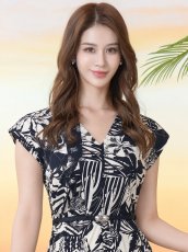 画像4: [ XS-Lサイズ / 1カラー][ERUKEI/GINZA COUTURE]プリント・ノースリーブ・Vネック・ベルト・フレア・Aライン・ミディアムドレス・ワンピース[送料無料] (4)