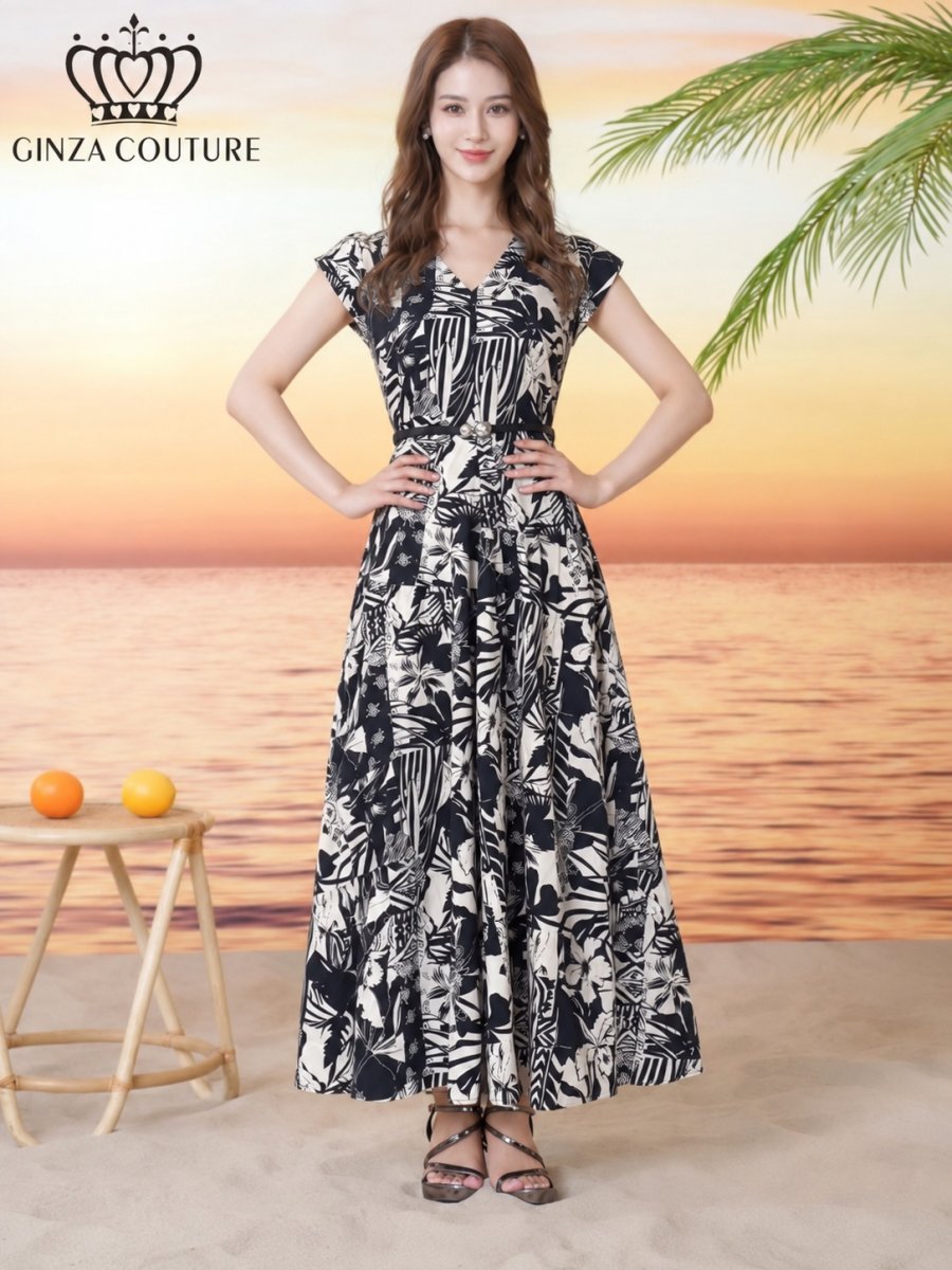 画像5: [ XS-Lサイズ / 1カラー][ERUKEI/GINZA COUTURE]プリント・ノースリーブ・Vネック・ベルト・フレア・Aライン・ミディアムドレス・ワンピース[送料無料] (5)
