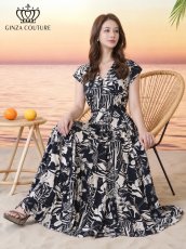 画像6: [ XS-Lサイズ / 1カラー][ERUKEI/GINZA COUTURE]プリント・ノースリーブ・Vネック・ベルト・フレア・Aライン・ミディアムドレス・ワンピース[送料無料] (6)