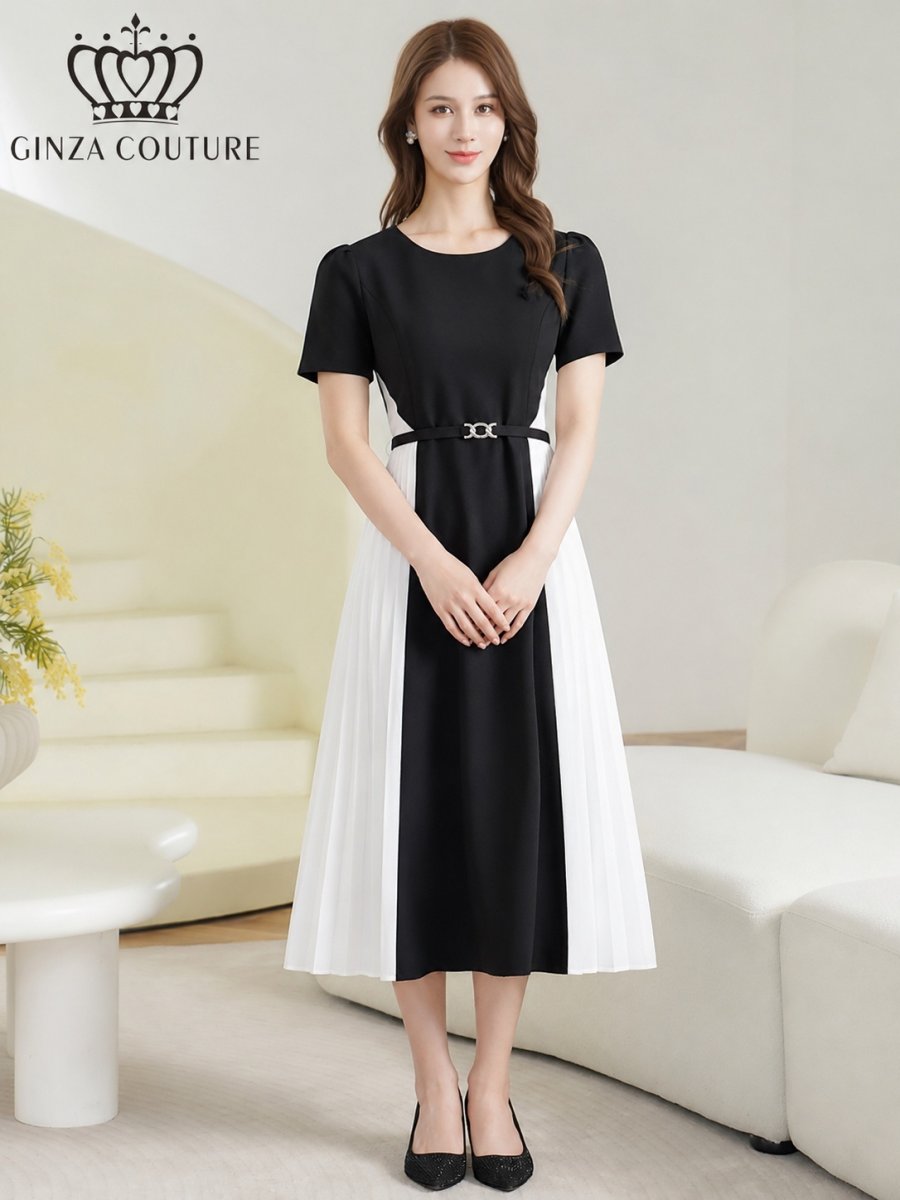 画像1: [ XS-Lサイズ / 1カラー][ERUKEI/GINZA COUTURE]バイカラー・半袖・ベルト付き・プリーツ・Aライン・ミディアムドレス・ワンピース[送料無料] (1)