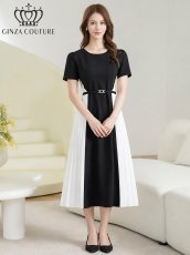 画像1: [ XS-Lサイズ / 1カラー][ERUKEI/GINZA COUTURE]バイカラー・半袖・ベルト付き・プリーツ・Aライン・ミディアムドレス・ワンピース[送料無料] (1)