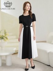 画像2: [ XS-Lサイズ / 1カラー][ERUKEI/GINZA COUTURE]バイカラー・半袖・ベルト付き・プリーツ・Aライン・ミディアムドレス・ワンピース[送料無料] (2)