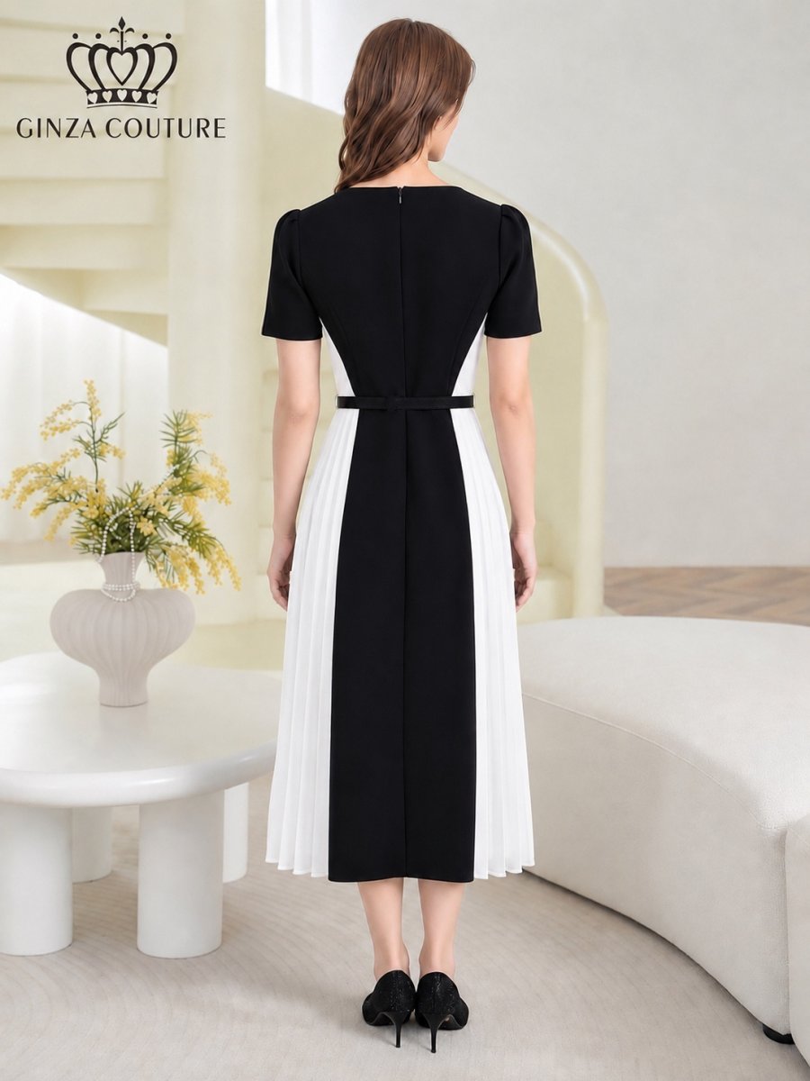 画像3: [ XS-Lサイズ / 1カラー][ERUKEI/GINZA COUTURE]バイカラー・半袖・ベルト付き・プリーツ・Aライン・ミディアムドレス・ワンピース[送料無料] (3)