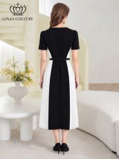 画像3: [ XS-Lサイズ / 1カラー][ERUKEI/GINZA COUTURE]バイカラー・半袖・ベルト付き・プリーツ・Aライン・ミディアムドレス・ワンピース[送料無料] (3)