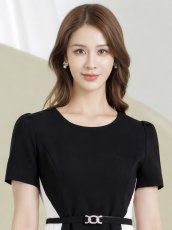 画像4: [ XS-Lサイズ / 1カラー][ERUKEI/GINZA COUTURE]バイカラー・半袖・ベルト付き・プリーツ・Aライン・ミディアムドレス・ワンピース[送料無料] (4)