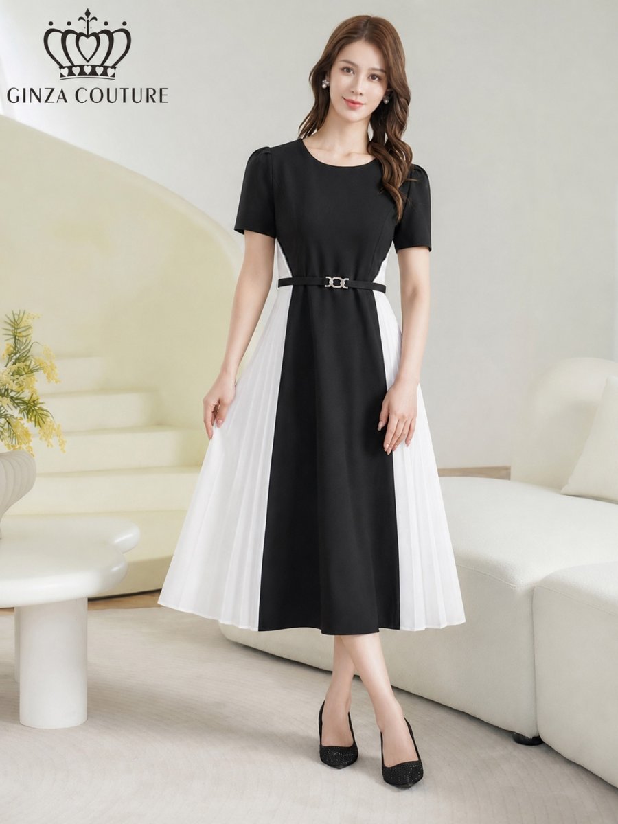 画像5: [ XS-Lサイズ / 1カラー][ERUKEI/GINZA COUTURE]バイカラー・半袖・ベルト付き・プリーツ・Aライン・ミディアムドレス・ワンピース[送料無料] (5)
