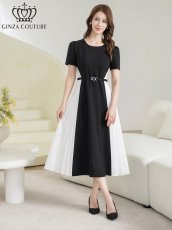 画像5: [ XS-Lサイズ / 1カラー][ERUKEI/GINZA COUTURE]バイカラー・半袖・ベルト付き・プリーツ・Aライン・ミディアムドレス・ワンピース[送料無料] (5)