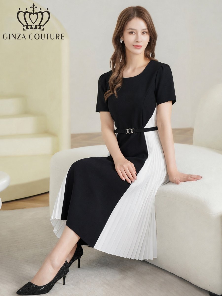画像6: [ XS-Lサイズ / 1カラー][ERUKEI/GINZA COUTURE]バイカラー・半袖・ベルト付き・プリーツ・Aライン・ミディアムドレス・ワンピース[送料無料] (6)