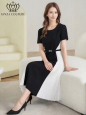 画像6: [ XS-Lサイズ / 1カラー][ERUKEI/GINZA COUTURE]バイカラー・半袖・ベルト付き・プリーツ・Aライン・ミディアムドレス・ワンピース[送料無料] (6)