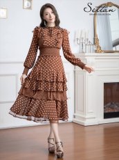 画像15: [ERUKEI]Aライン・ドット・水玉・フリル・ティアード・ブラック・長袖・ミディアムドレス・ワンピース[MIRIN着用]《送料＆代引き手数料無料》 (15)