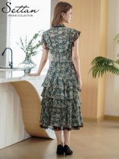 画像3: [ XS-XLサイズ / 1カラー][ERUKEI/SETTAN]グリーン・ペイズリー柄・シフォン・フリルスリーブ・プチハイネック・ティアード・Aライン・ミディアムドレス・ワンピース[送料無料] (3)