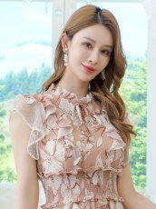 画像4: [ XS-Lサイズ / 1カラー][ERUKEI]花柄・シフォン・ティアードフリル・Aライン・レースポイント・ミディアムドレス・ワンピース[送料無料] (4)