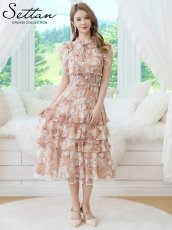 画像5: [ XS-Lサイズ / 1カラー][ERUKEI]花柄・シフォン・ティアードフリル・Aライン・レースポイント・ミディアムドレス・ワンピース[送料無料] (5)