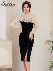 画像1: [ERUKEI/SETTAN]ブラック・レース・ベロア・フリル・長袖・タイト・ミディアムドレス・ワンピース[送料無料] (1)