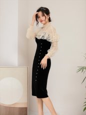 画像2: [ERUKEI/SETTAN]ブラック・レース・ベロア・フリル・長袖・タイト・ミディアムドレス・ワンピース[送料無料] (2)