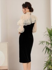 画像3: [ERUKEI/SETTAN]ブラック・レース・ベロア・フリル・長袖・タイト・ミディアムドレス・ワンピース[送料無料] (3)