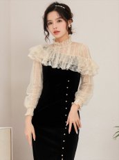 画像4: [ERUKEI/SETTAN]ブラック・レース・ベロア・フリル・長袖・タイト・ミディアムドレス・ワンピース[送料無料] (4)