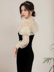 画像5: [ERUKEI/SETTAN]ブラック・レース・ベロア・フリル・長袖・タイト・ミディアムドレス・ワンピース[送料無料] (5)