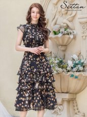 画像1: [ERUKEI/SETTAN]ブラック・フラワープリント・ティアード・フリル・ミディアムドレス・ワンピース[送料無料] (1)