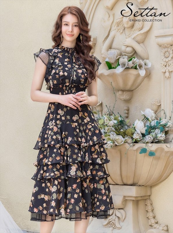 プリント・ティアード・フリル・ミディアムドレス・ワンピース/ERUKEI