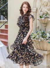 画像2: [ERUKEI/SETTAN]ブラック・フラワープリント・ティアード・フリル・ミディアムドレス・ワンピース[送料無料] (2)