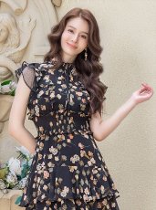 画像4: [ERUKEI/SETTAN]ブラック・フラワープリント・ティアード・フリル・ミディアムドレス・ワンピース[送料無料] (4)