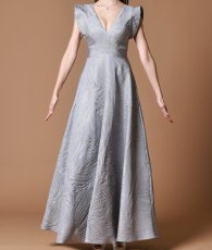 画像20: [ERUKEI]シンプル・ジャガード・ハイウエスト・フリルスリーブ・Vネック・Aライン・ロングドレス[山崎みどり着用]《送料＆代引き手数料無料》myall (20)