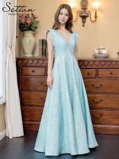 画像1: [ERUKEI]シンプル・ジャガード・ハイウエスト・フリルスリーブ・Vネック・Aライン・ロングドレス[山崎みどり着用]《送料＆代引き手数料無料》myall (1)