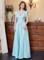 画像4: [ERUKEI]シンプル・ジャガード・ハイウエスト・フリルスリーブ・Vネック・Aライン・ロングドレス[山崎みどり着用]《送料＆代引き手数料無料》myall (4)