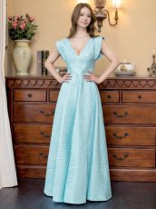 画像16: [ERUKEI]シンプル・ジャガード・ハイウエスト・フリルスリーブ・Vネック・Aライン・ロングドレス[山崎みどり着用]《送料＆代引き手数料無料》myall (16)