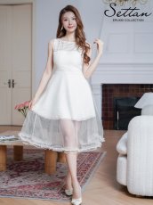 画像2: [ERUKEI/SETTAN]ワインレッド・ホワイト・ファー付き・シアー・チュールレース・ボートネック・ノースリーブ・Aライン・フレア・ミディアムドレス・ワンピース[送料無料] (2)