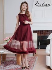 画像1: [ERUKEI/SETTAN]ワインレッド・ホワイト・ファー付き・シアー・チュールレース・ボートネック・ノースリーブ・Aライン・フレア・ミディアムドレス・ワンピース[送料無料] (1)