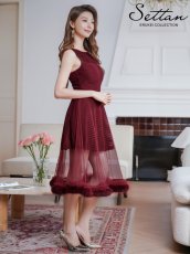 画像3: [ERUKEI/SETTAN]ワインレッド・ホワイト・ファー付き・シアー・チュールレース・ボートネック・ノースリーブ・Aライン・フレア・ミディアムドレス・ワンピース[送料無料] (3)