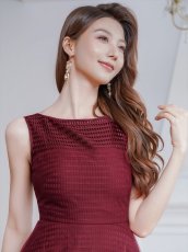 画像7: [ERUKEI/SETTAN]ワインレッド・ホワイト・ファー付き・シアー・チュールレース・ボートネック・ノースリーブ・Aライン・フレア・ミディアムドレス・ワンピース[送料無料] (7)