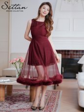 画像9: [ERUKEI/SETTAN]ワインレッド・ホワイト・ファー付き・シアー・チュールレース・ボートネック・ノースリーブ・Aライン・フレア・ミディアムドレス・ワンピース[送料無料] (9)