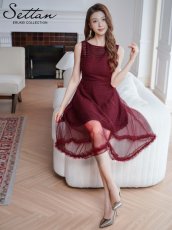 画像11: [ERUKEI/SETTAN]ワインレッド・ホワイト・ファー付き・シアー・チュールレース・ボートネック・ノースリーブ・Aライン・フレア・ミディアムドレス・ワンピース[送料無料] (11)