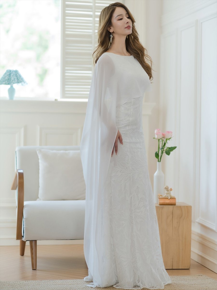 画像4: [ERUKEI/SETTAN]ホワイト・ワインレッド・イエロー・総レース・ケープ風・ロングスリーブ・ロングドレス[送料無料] (4)